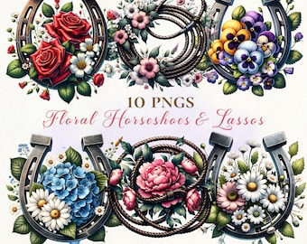 Watercolor Floral Horseshoe & Lasso Clipart: Cowgirl Country Western PNG Set (Digital Download)