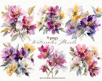 Bundle de cliparts floraux aquarelle : fleurs pastel, faire-parts (PNG, téléchargement numérique)