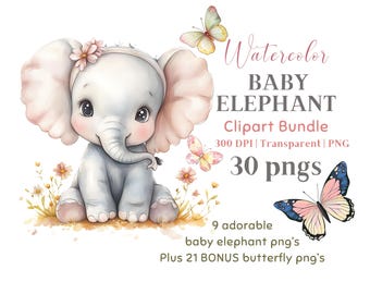 Baby Elephant Watercolor Clipart: Pink Butterflies (PNG Digital Download)