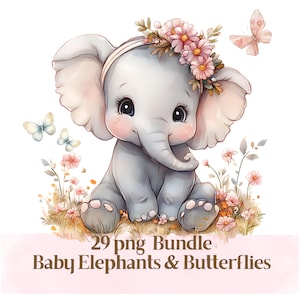 Pacchetto clipart di 29 elefantini per bambina: design di tutina per invito a compleanno con farfalle e fiori selvatici