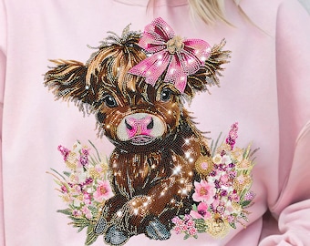 Coquette Highland Cow PNG: Faux Rhinestone Wildflower Design (Digital Download)