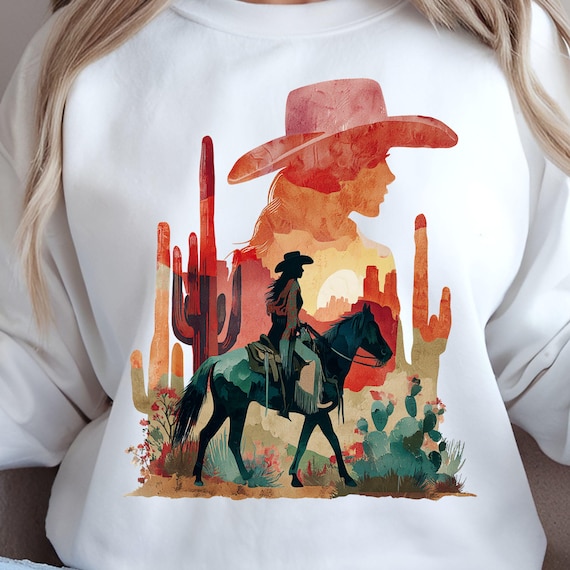 Cowgirl Desert PNG, Horse lover, Cactus, Country Western shirt design (Digital Download)