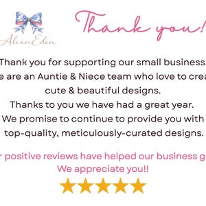 May include: A white thank you card featuring a blue and white floral bow logo, the text AlexnEden, and the phrase Thank you! in pink script. The card includes a message about supporting a small business, five yellow stars, and pink text.