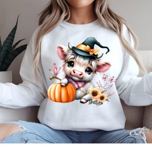 Halloween fofa vaca das terras altas abóbora de outono PNG com designs de sublimação bebê menina outono vaca das terras altas download digital macacão camiseta png