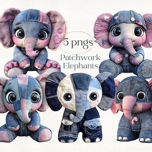 Op de afbeelding: Vijf schattige patchwork olifant knuffels in verschillende poses. Elke olifant is gemaakt van denim stof in blauwe en roze tinten, met gedetailleerde stiksels en grote, expressieve ogen. De tekst "5 pngs Patchwork Elephants" is zichtbaar.