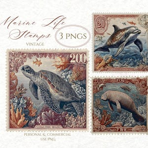 Francobollo vintage tartaruga marina delfino lamantino PNG, design per sublimazione di francobolli vintage, download digitale di francobolli vintage con vita marina nell'oceano
