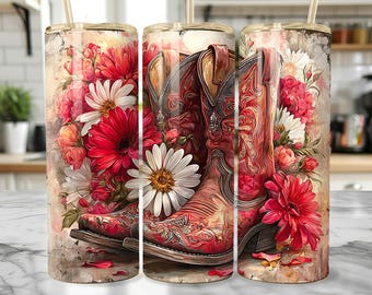 Cowgirl Boots and daisies Tumbler Wrap: 20 oz red Coquette Western Summer (Digital Download)