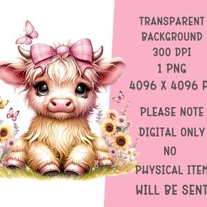 Baby girl Highland Cow nursery Coquette PNG with pink bow sunflowers Sublimation Design digital download onesies t-shirt POD product png.  For designing t-shirts, mugs, stickers, tote bags and other and POD products.  listing includes 1 PNG image with transparent background Size is 4096 x 4096 px, 300 dpi (high quality)  Immediate Digital Download. There is no physical product.  You can resize to create t-shirts, sweatshirts, mugs, mousepads, coasters, totes, or anything else you can sublimate