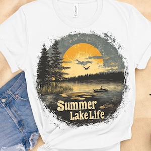 Design retrò in formato PNG con vita sul lago estivo, download digitale di sublimazione all'aperto primaverile, design digitale retrò vintage alla moda per campeggio estivo sul lago