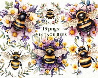 Watercolor Bee Clipart Bundle: Vintage boho Honeybees, pastel Flowers bumblebees (Digital Download, 15 PNGs)