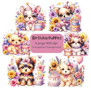 Geburtstag Welpen Sublimation png Mädchen Geburtstag Party Einladung Aquarell Aufkleber Karten Onesies Shih Tzu Yorkie Frenchie