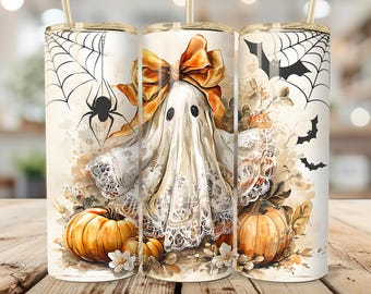 Spooky Lace Coquette Ghost Tumbler Wrap: Halloween pumpkin bats Design (20oz Digital Download)