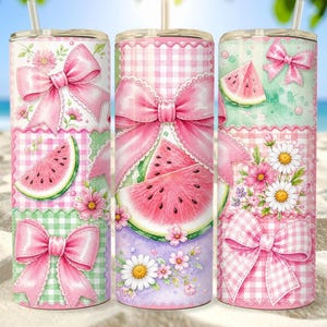 May include: Three cylindrical tumblers with straws featuring a repeating pattern of pink bows, green and pink gingham checks, slices of watermelon, and white daisy flowers. The design includes soft pastel colours and decorative scalloped borders.