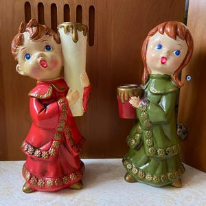 Vintage 1950s/1960s Pair of Christmas Carolers (one boy, one girl) Candeholders  -- MADE IN JAPAN