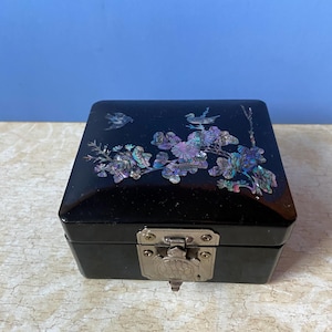 Vintage Korean Black Laquer Jewelry Box With Mother Of Pearl Inlay, Turtle Latch and Red Interior with Mirror