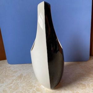 May include: A tall, decorative vase with a striking black and white color scheme. The vase is divided vertically, with one half in glossy black and the other in white. The vase has a unique, elongated shape.
