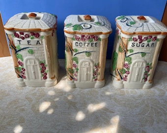 Vintage 1940s/1950s Adorable Ceramic Three Cannister Set (Tea, Coffee, Sugar) -- MADE IN JAPAN