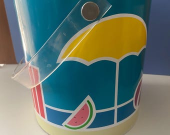 Vintage 1985 Lillian Vernon Beach Motif Plastic Ice Bucket with Lid and Removable Liner