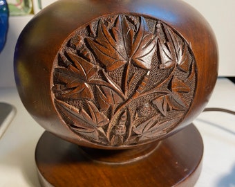 Turn-of-the-century 1899-1900 Chinese carved walnut lamp base with three floral carvings.  AS IS.