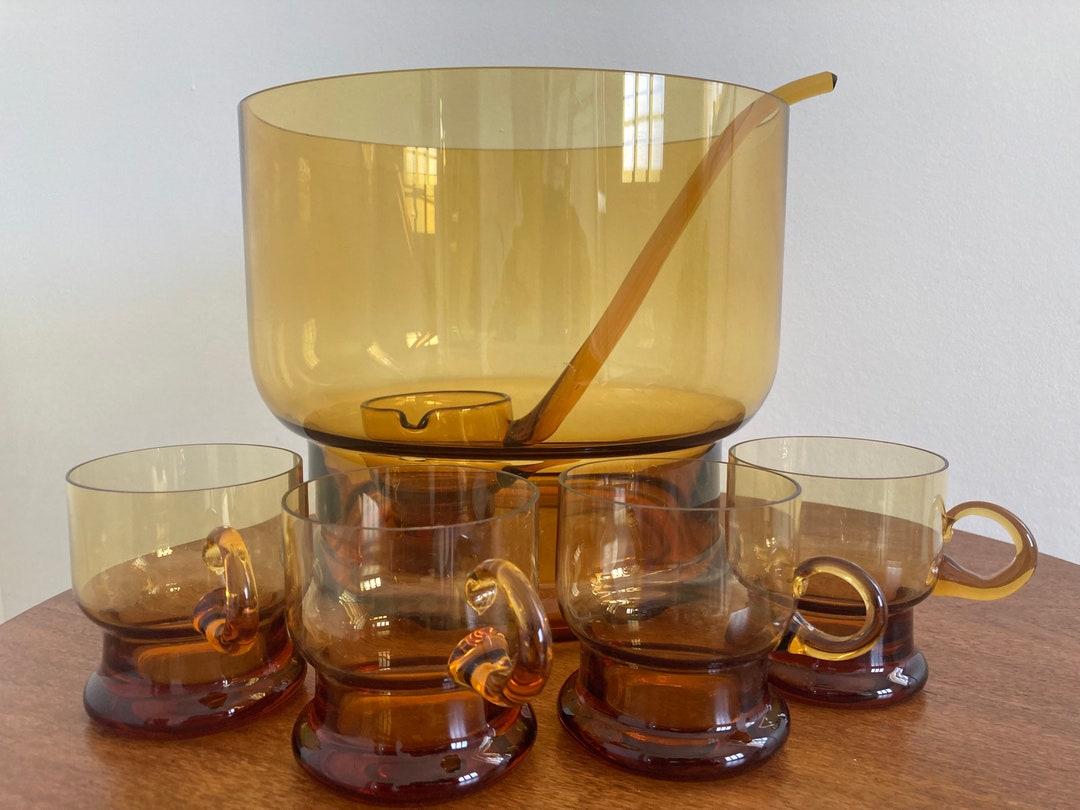 Vintage Amber Glass Punch Bowl Set Etsy