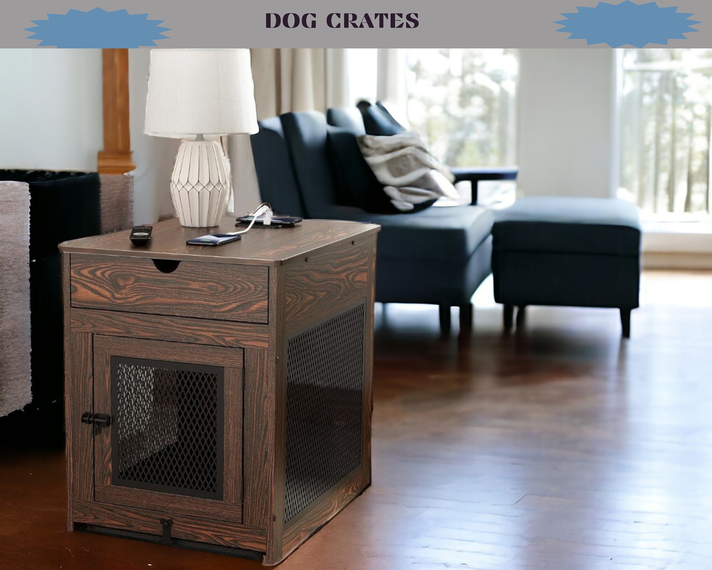 Modern Wooden Dog Crate Furniture, Indoor Dog House for Large Dogs ... - Live Edge Wooden Dog Crate With Couch