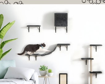 5 Pcs Cat Wall Shelves, Wall-Mounted Cat Climber Set, Unique Cat Furniture, Cat Wall Furniture, Cat Scratching Post with Cat Perch, Cat Bed