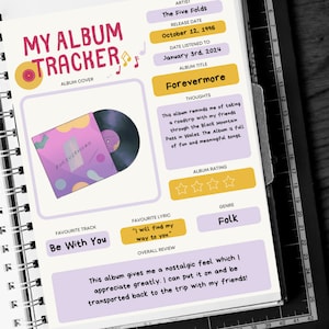 Puede incluir: Una ilustración dibujada a mano de una página de cuaderno con un rastreador de álbumes musicales. La portada del álbum es un disco morado y rosa con el título "Forevermore". El álbum es del artista "The Five Folds" y fue lanzado el 12 de octubre de 1996. El álbum se escuchó el 3 de enero de 2024. El álbum está calificado con cuatro estrellas y está categorizado como "Folk". La canción favorita es "Be With You" y la letra favorita es "I will find my way to you".