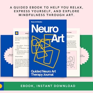 Puede incluir: Una portada de ebook azul y amarilla con el título "Neuro Art Guided Neuro Art Therapy Journal". La portada presenta un diseño abstracto colorido y el texto "EBOOK, DESCARGA INSTANTÁNEA".