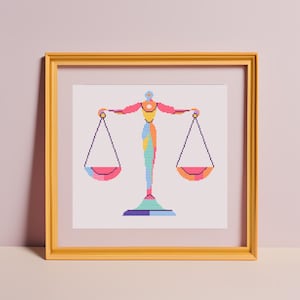May include: A colorful abstract illustration of a scale, a symbol of justice and balance, framed in a yellow wood frame.