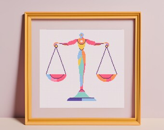 May include: A colorful abstract illustration of a scale, a symbol of justice and balance, framed in a yellow wood frame.