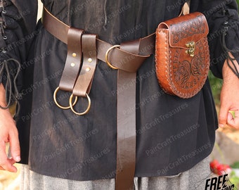 Ren Faire Viking Leather Belt, Medieval Steampunk Pirate Belt, Renaissance Messenger Goth Bag, Small Waist Larp Belt Pouch with Skirt Hikes