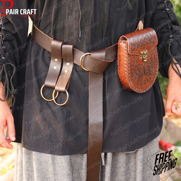 Ren Faire Viking Leather Belt, Medieval Steampunk Pirate Belt, Renaissance Messenger Goth Bag, Small Waist Larp Belt Pouch with Skirt Hikes