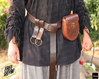 Ren Faire Viking Leather Belt, Medieval Steampunk Pirate Belt, Renaissance Messenger Goth Bag, Small Waist Larp Belt Pouch with Skirt Hikes