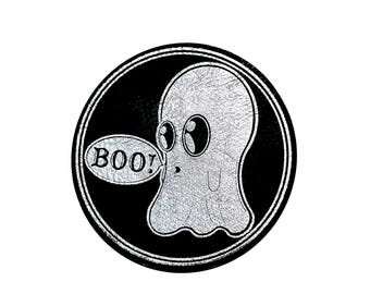 Ghost "Boo!" Patch - Black & Silver Laser Engraved Iron-On or Sew-On