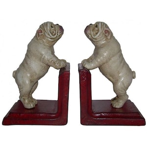 Cast Iron British Bulldog Bookends - Hand Painted Dog with Red Base Book Ends