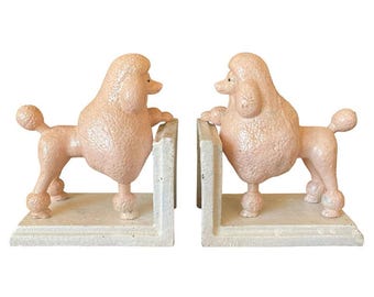 Cast Iron Pink Poodle Dog Bookends on White Base - Book Ends