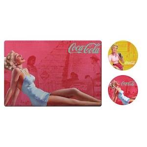May include: A pink and red background with a woman in a white swimsuit lying on her stomach. The woman is smiling and looking up at the camera. The background has the text "Coca-Cola" in a light blue colour. There are two round images of women in swimsuits with the text "Coca-Cola" on them.