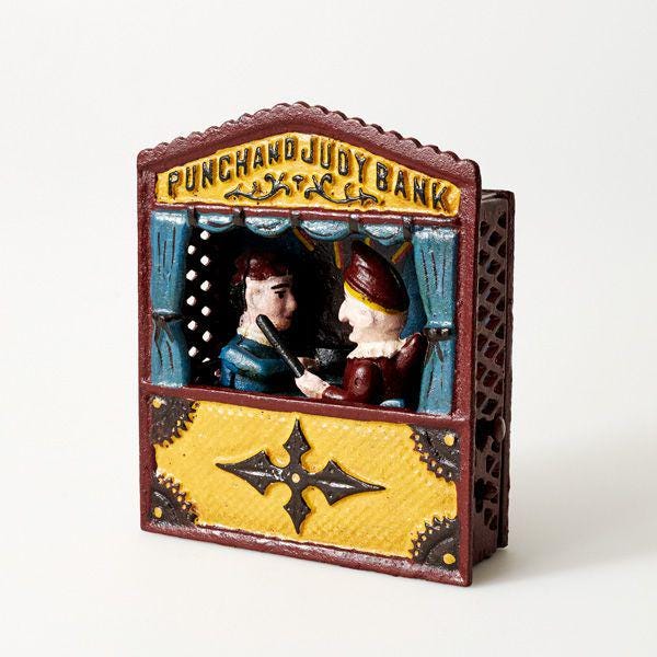 Cast Iron Punch & Judy Mechanical Toy Coin Money Bank - Book Cast Iron Punch & Judy Mechanical Toy Coin Money Bank - Book