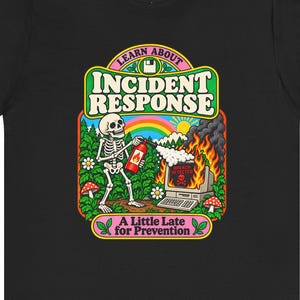 Op de afbeelding: Een zwart t-shirt met korte mouwen en een afbeelding van een skelet dat een brandende computer blust met een brandblusser. De tekst luidt "LEARN ABOUT INCIDENT RESPONSE" en "A Little Late for Prevention", met een regenboog en paddenstoelen.