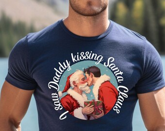 Saw Daddy Kissing Santa Claus Tshirt For Male, Funny Santa, Gay, Western Crewneck Shirt