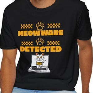 Rolig hackerkatt-t-shirt, Meowware Detected-grafik, Bad Kitty-design, nördiga teknikkläder, programmerarhumorgåva, nördig laptopmeme-topp