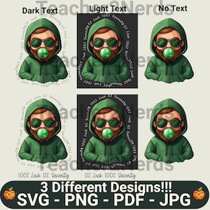 May include: Four digital illustrations of a cartoon character wearing a green hoodie and sunglasses, blowing a bubble. The text around the character reads "100% Luck 0% Security" and "0% Luck 100% Security".