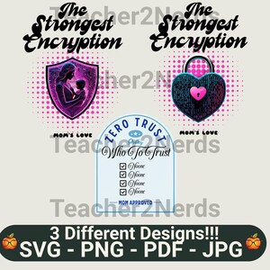 May include: Three digital designs featuring a mother and child, a heart-shaped padlock, and a sign that reads "Zero Trust Policy: Who To Trust" with checkboxes that say "Noone". The designs are on a pink polka dot background with the text "The Strongest Encryption" and "Mom's Love" at the top of each design.
