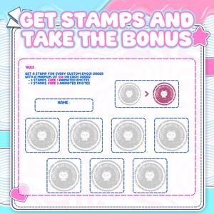 The custom Vtuber emote bonus card features a stamp system for every purchase with animated rewards. This program is suitable for Twitch Vtuber users who collect Vtuber emotes, streamer emotes, anime Vtuber emotes, Vtuber emote designs, custom emotes, Vtuber badges, cute Vtuber, and emotes.