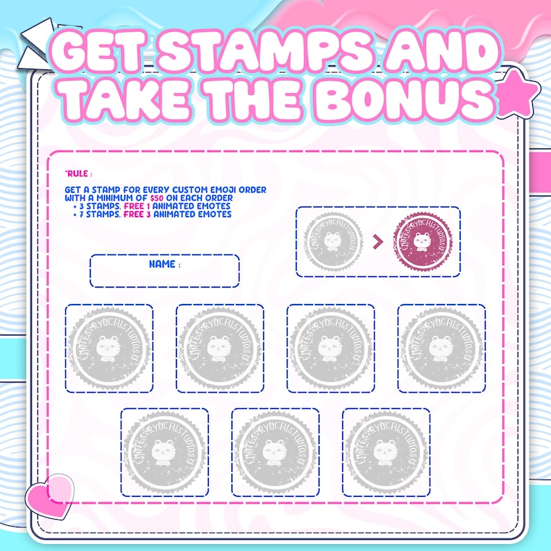 The custom Vtuber emote bonus card features a stamp system for every purchase with animated rewards. This program is suitable for Twitch Vtuber users who collect Vtuber emotes, streamer emotes, anime Vtuber emotes, Vtuber emote designs, custom emotes, Vtuber badges, cute Vtuber, and emotes.