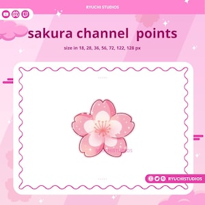 Może przedstawiać: Różowa grafika z tekstem "sakura channel points" i "size in 18, 28, 36, 56, 72, 122, 128 px". Grafika przedstawia różowy kwiat wiśni i dekoracyjną obwódkę. Tło jest różowe.