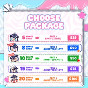 The custom VTuber emote package options display the number of VTuber emotes and available bonus animations. Each streamer emote was created using Vtuber emote art, Vtuber emote design, anime Vtuber emote, cute Vtuber emote, custom emotes, Vtuber badges, Twitch Vtuber, and emotes.