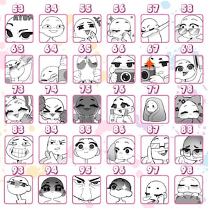 A collection of custom Vtuber emotes featuring a variety of easily recognizable poses and expressions in a small format. Each Vtuber emote is created using Vtuber emote art, anime Vtuber emotes, Vtuber emote design, streamer emotes, custom emotes, Vtuber badges, Twitch Vtuber, cute Vtuber, and emotes.