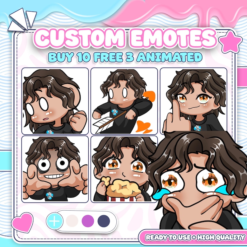 This collection of Vtuber emotes features a brown-haired character with diverse and easily recognizable expressions when used in chat. Each custom Vtuber emote is created using Vtuber emote art, Vtuber emote design, anime Vtuber emote, streamer emote, custom emotes, Vtuber badges, Twitch Vtuber, cute Vtuber, and emotes.