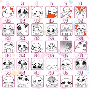 The Vtuber Emote Gallery features dozens of anime character expressions in one custom Vtuber emote collection. Each design uses Vtuber emote art, Vtuber emote design, anime Vtuber emotes, streamer emotes, custom emotes, Vtuber badges, Twitch Vtuber, cute Vtuber, and emotes.